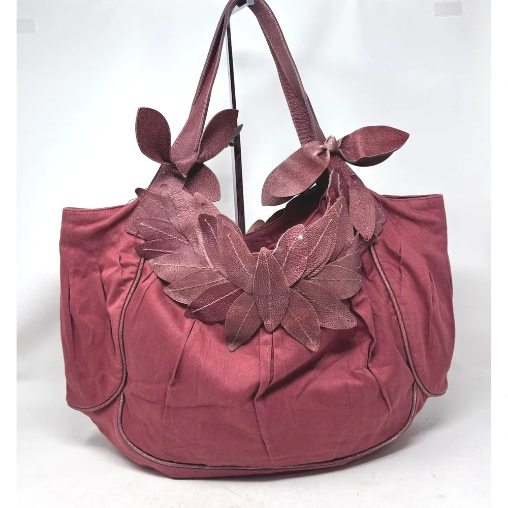 Lucky Penny Hobo Shoulder‎ Bag Cotton with Red Leather Leaf Accent Anthropologie